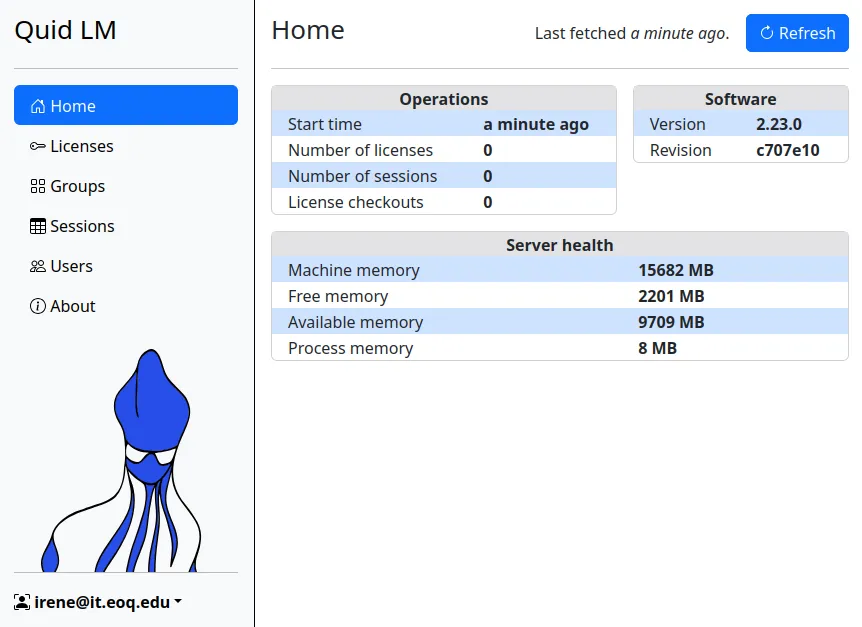 The dashboard displays the health status of the server