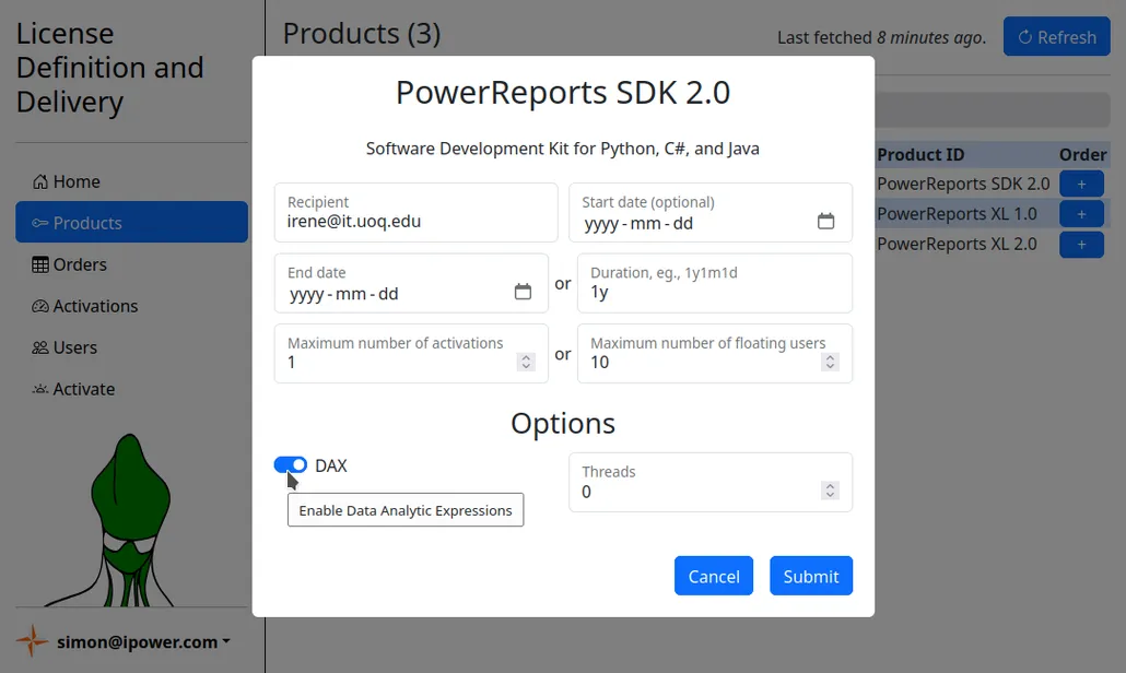 The dialog box that creates an order for a license